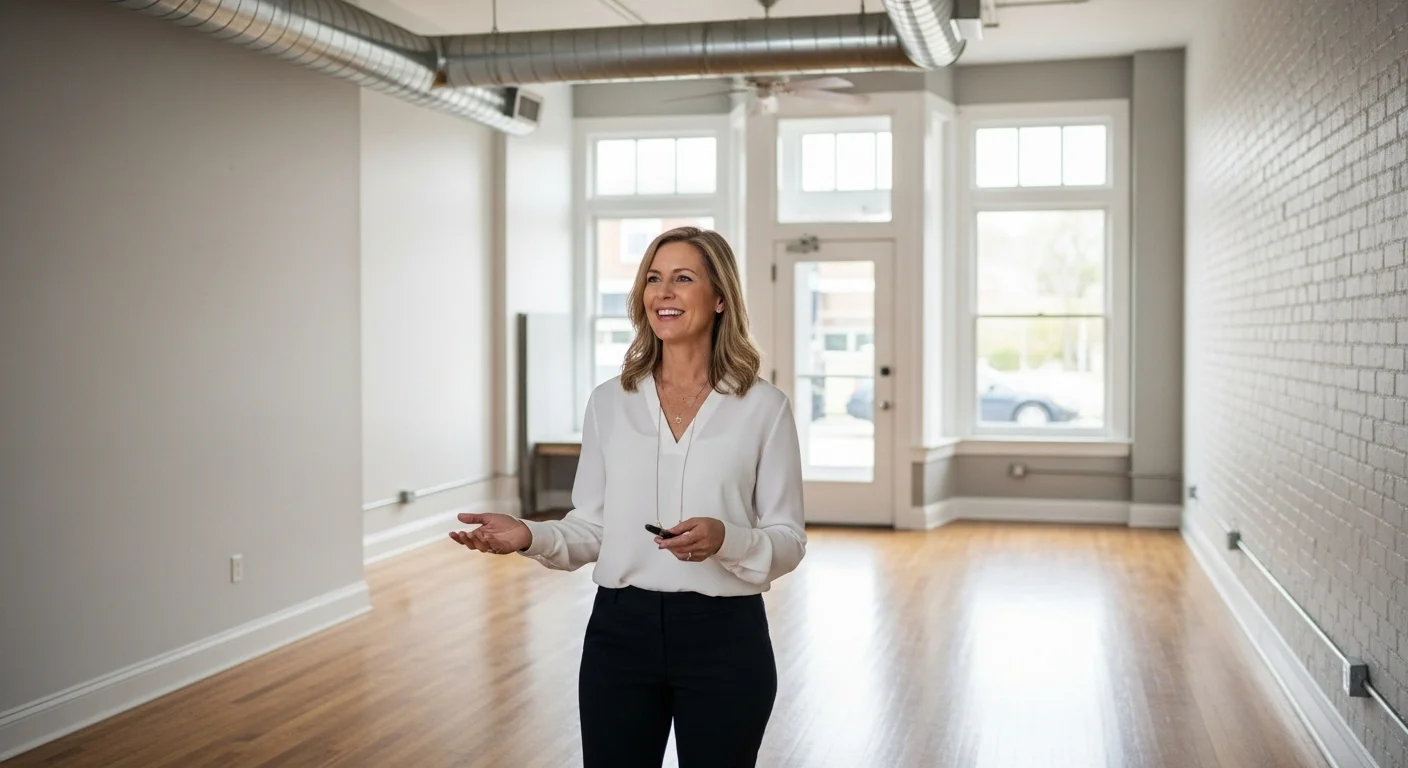 Agente inmobiliario comercial presentando un local amplio y vacío listo para ser rentado por un nuevo negocio. [21]