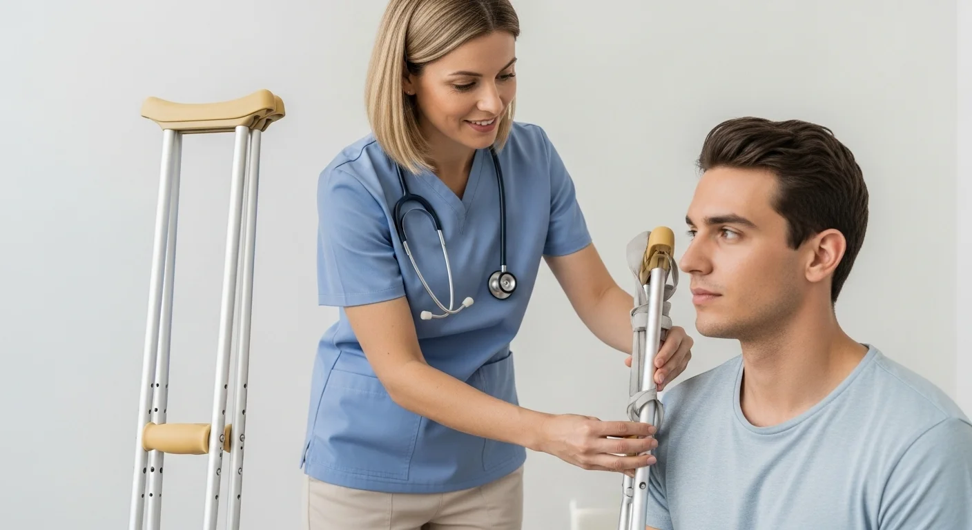 Un profesional de la salud ajustando la altura de unas muletas axilares para un paciente, asegurando una correcta postura y comodidad.