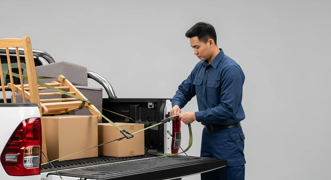 Persona utilizando correas de trinquete para asegurar correctamente cajas y muebles en la batea de una camioneta pick-up de alquiler.