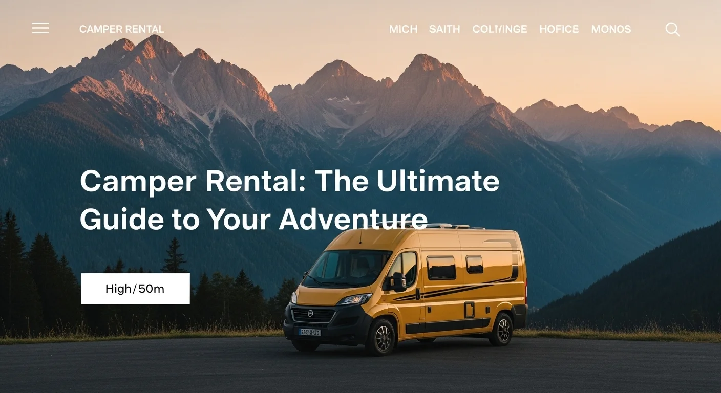 Una furgoneta camper moderna aparcada frente a un impresionante paisaje de montaña al atardecer, simbolizando la libertad del alquiler de campers.