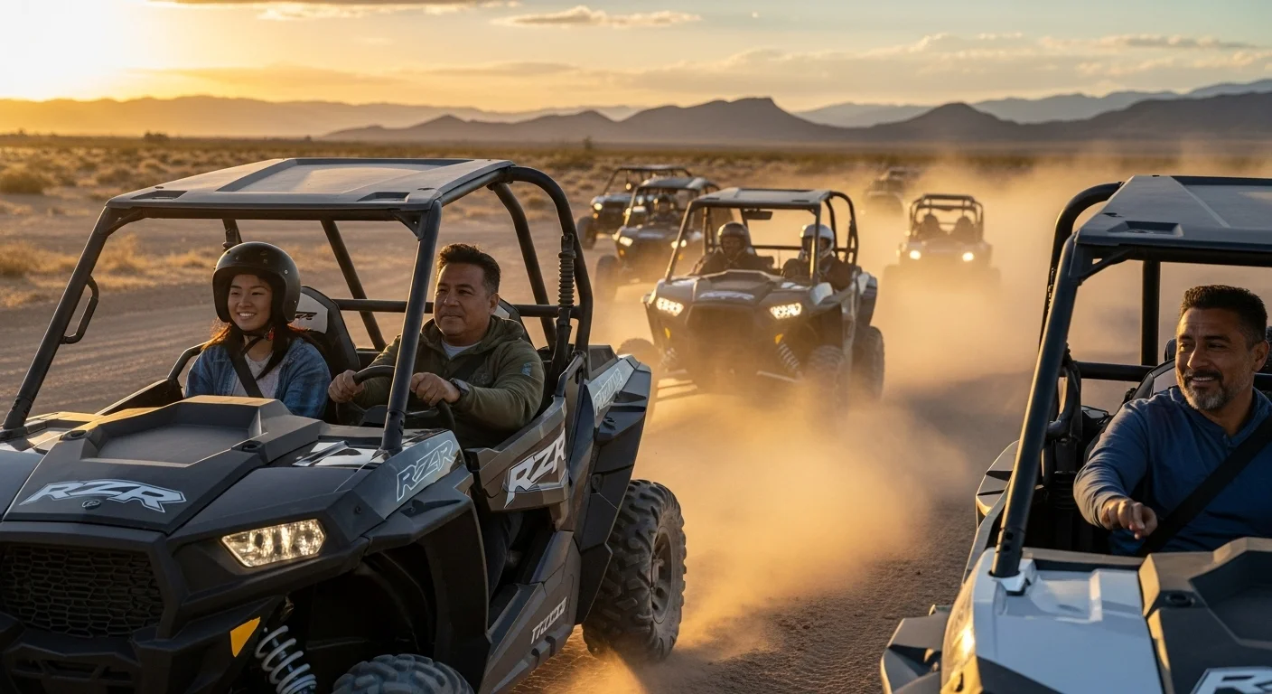Un grupo de personas conduciendo vehículos RZR a través de un paisaje desértico durante el atardecer, levantando una estela de polvo.