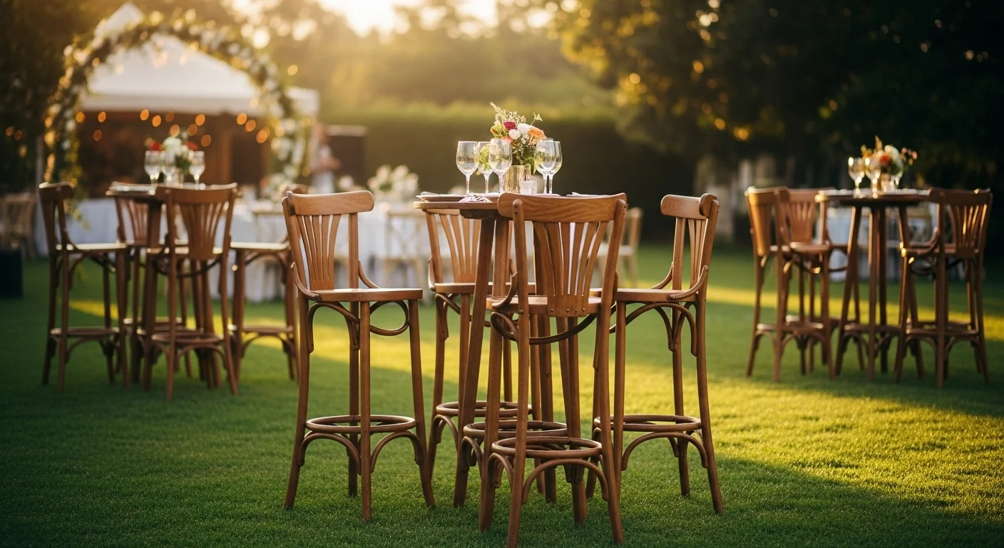 Bancos altos de madera y estilo rústico decorando la zona de coctel de una boda al aire libre.