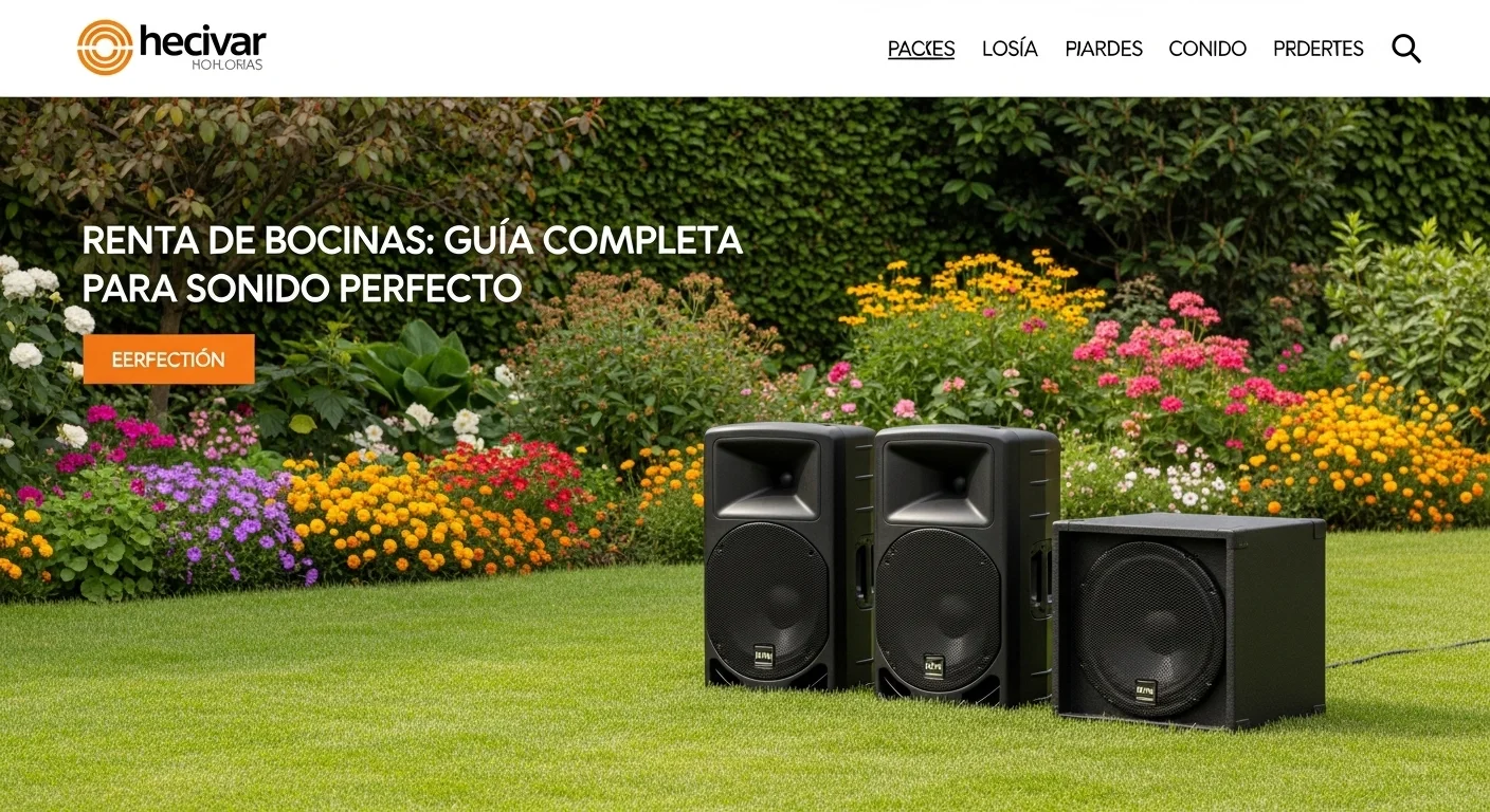 Dos bocinas activas con un subwoofer en un jardín, listas para una fiesta al aire libre.
