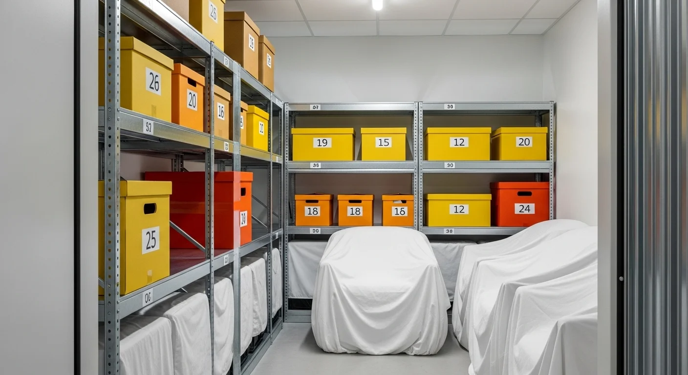 Interior de una unidad de bodega de autoalmacenamiento perfectamente organizada con cajas etiquetadas en estanterías metálicas y muebles cubiertos.