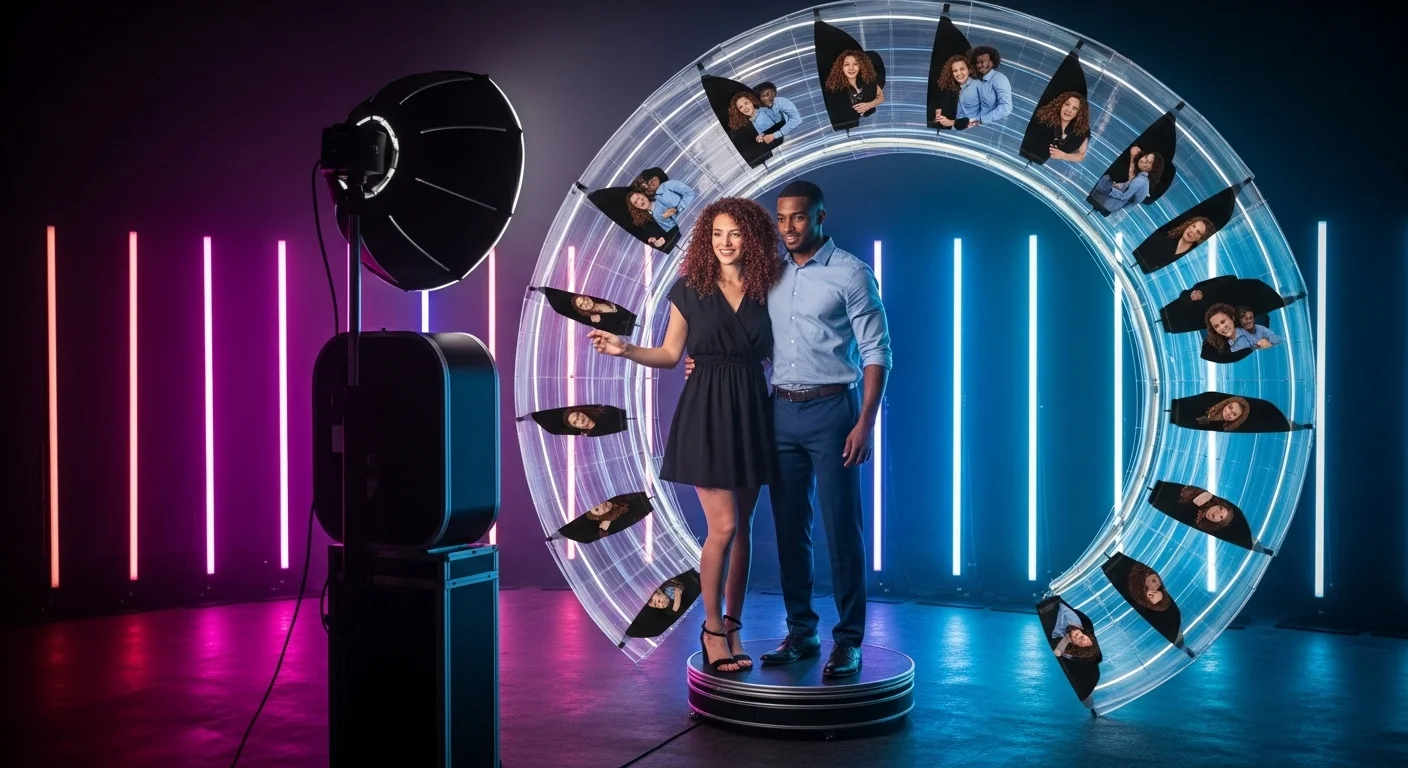 Una pareja en una plataforma de photo booth 360 mientras la cámara gira a su alrededor, en un evento corporativo con luces de neón.