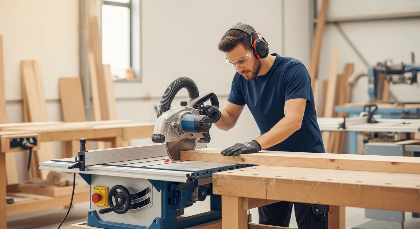 Un carpintero con gafas de seguridad y protección auditiva utiliza una sierra de mesa para realizar un corte preciso en una tabla de madera.