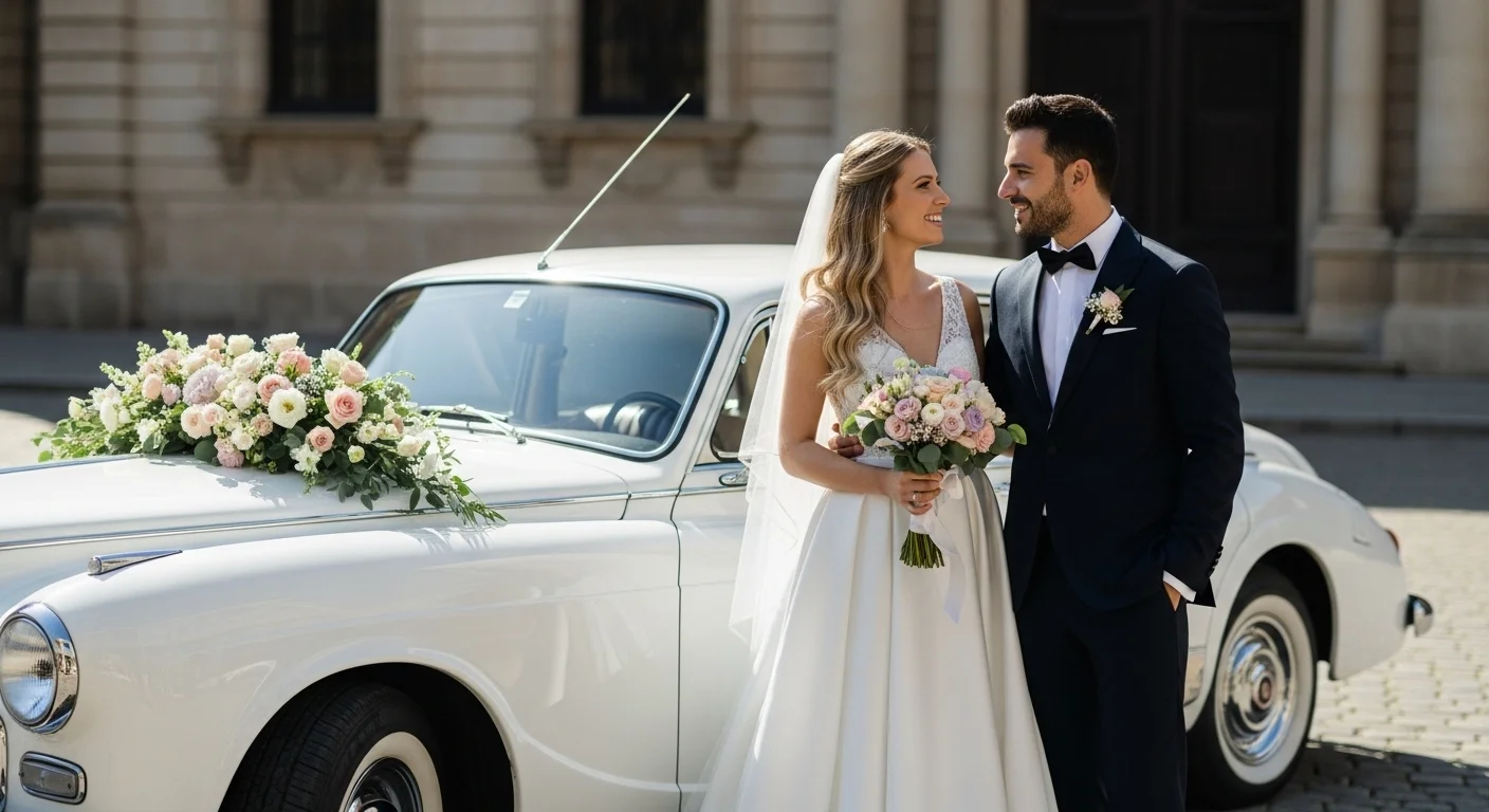 Pareja de novios sonriendo junto a un coche clásico blanco de bodas decorado con flores.