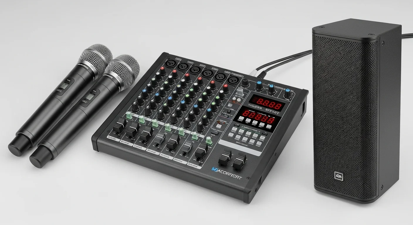 Vista detallada de los componentes de un equipo de karaoke: micrófonos inalámbricos, mezcladora de audio y bocina.