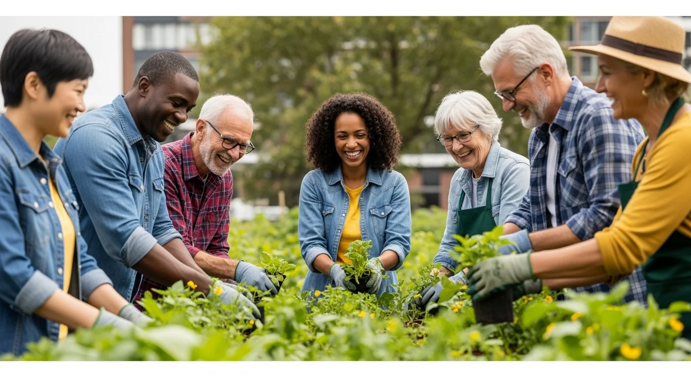 Un grupo diverso de personas de diferentes edades trabajando y conversando animadamente entre las parcelas de un huerto comunitario.