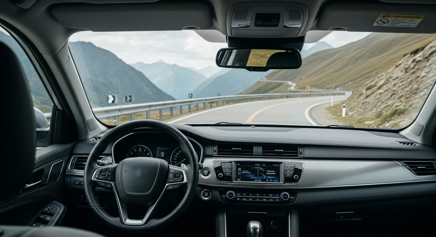 Vista desde el interior de una camioneta SUV, mostrando el volante y un paisaje de carretera montañosa a través del parabrisas.