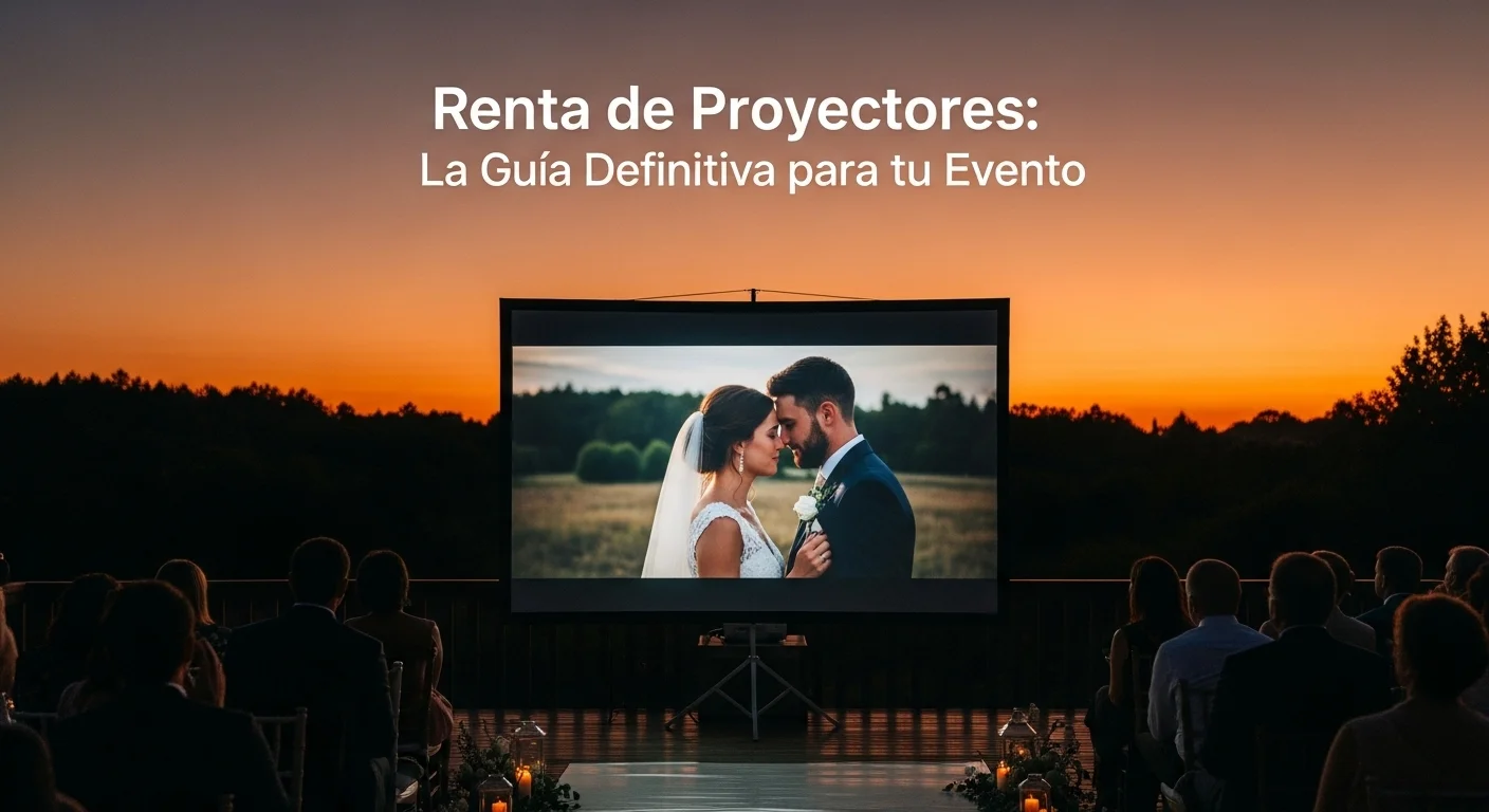 Configuración para la renta de un proyector en una boda al atardecer, mostrando una emotiva foto de los novios en una pantalla grande.