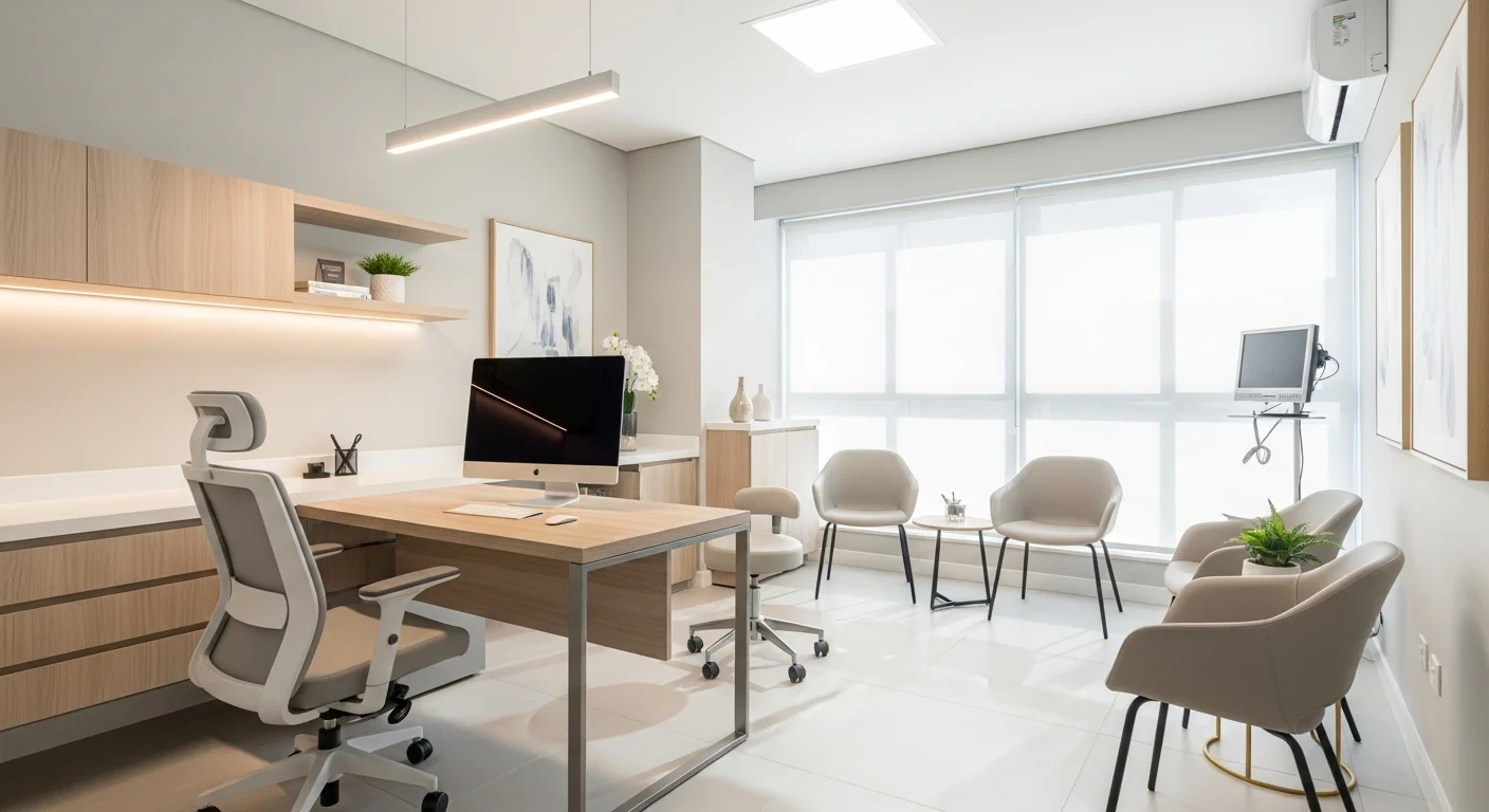 Consultorio médico moderno y luminoso, perfectamente equipado y disponible para renta por horas, mostrando un escritorio, silla de doctor y sillas para pacientes.