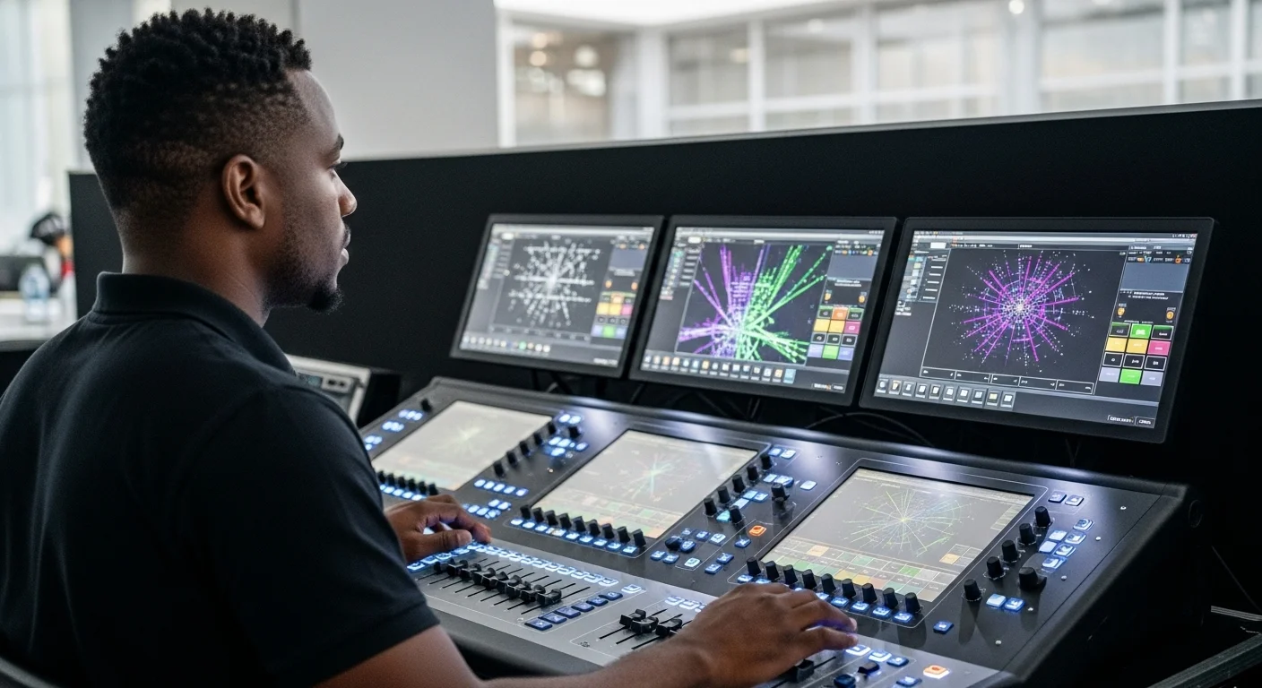 Un operador de iluminación profesional trabajando frente a una gran consola de control DMX, con múltiples pantallas mostrando la programación de las luces del evento.
