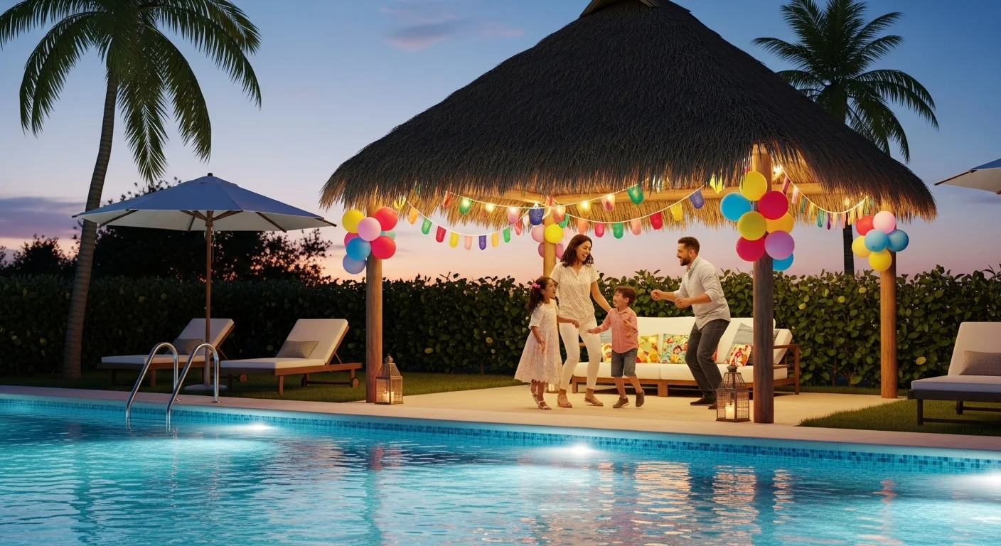Familia disfrutando de un convivio en una palapa decorada con globos junto a una alberca iluminada.