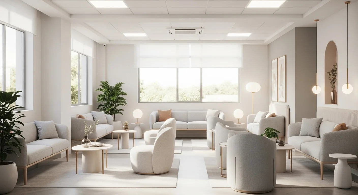 Sala de espera de un coworking médico, con diseño contemporáneo y asientos cómodos para pacientes.