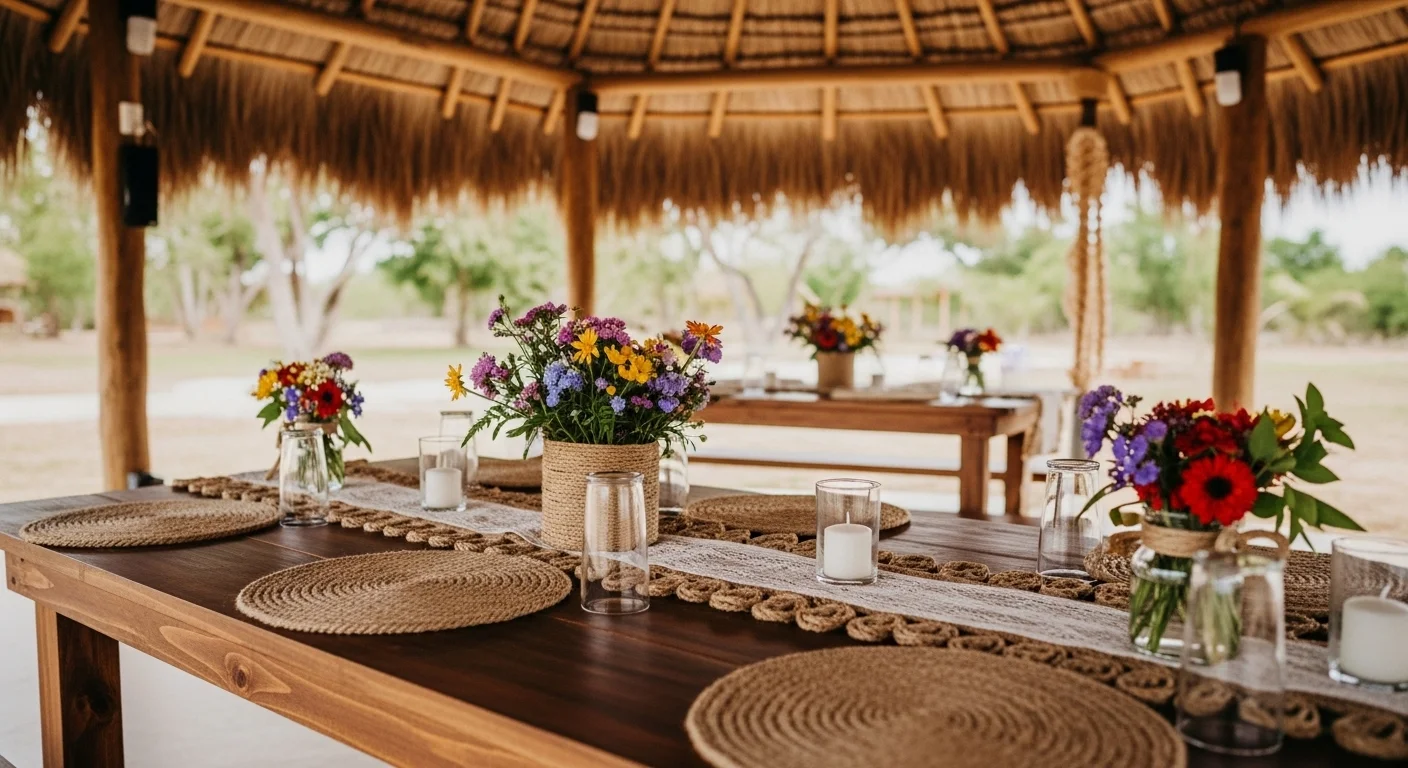 Mesa de madera decorada con yute y flores silvestres para una fiesta de estilo rústico en el interior de una palapa.