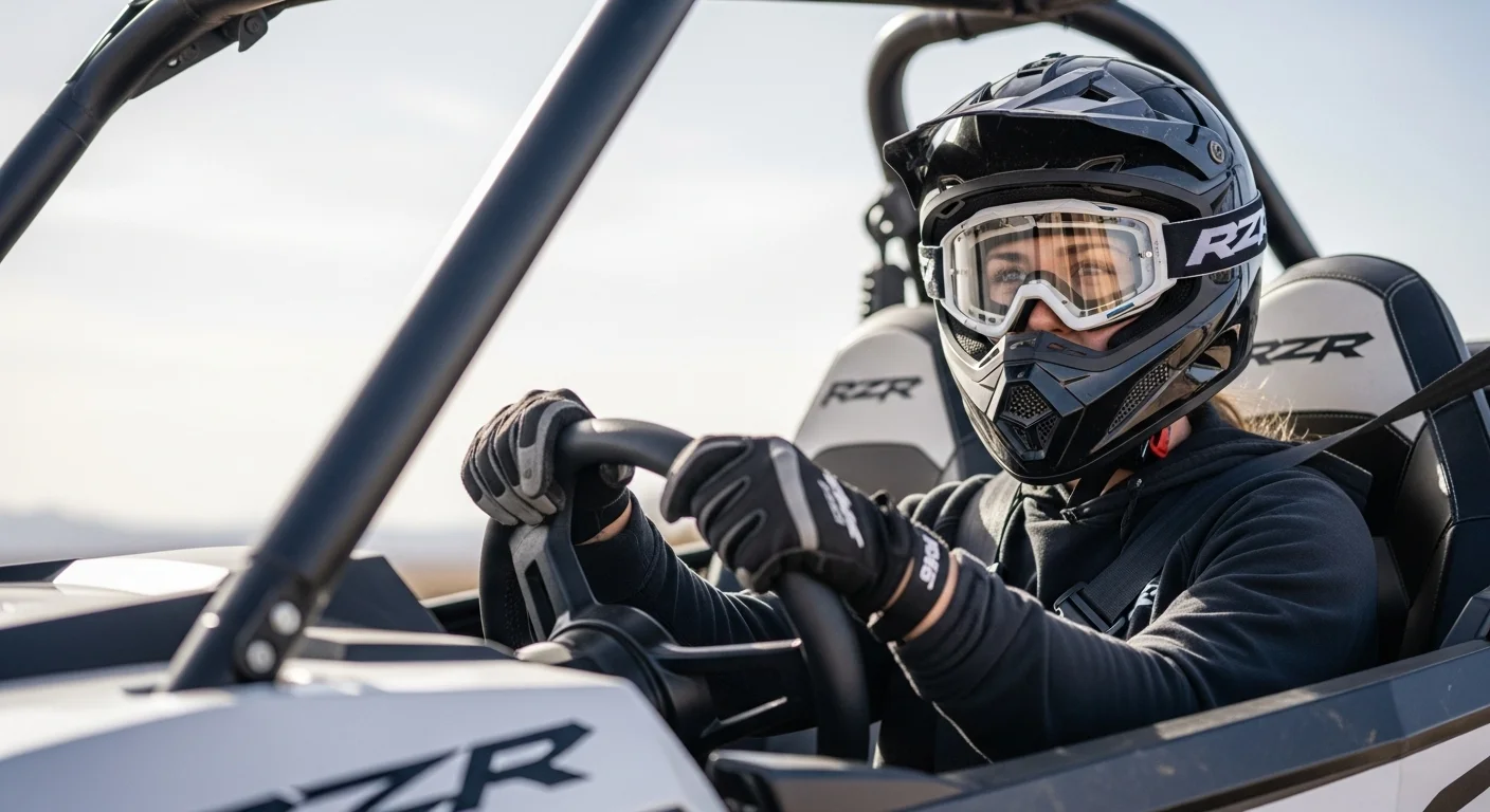 Primer plano de un conductor de RZR usando casco, gafas y guantes, con las manos en el volante, listo para la aventura off-road.
