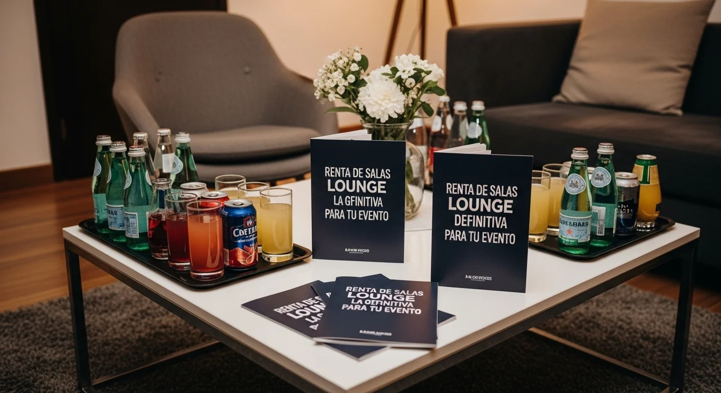 Detalle de una mesa de centro en un evento corporativo lounge, con bebidas y folletos, mostrando un sillón moderno y un ambiente profesional y relajado.