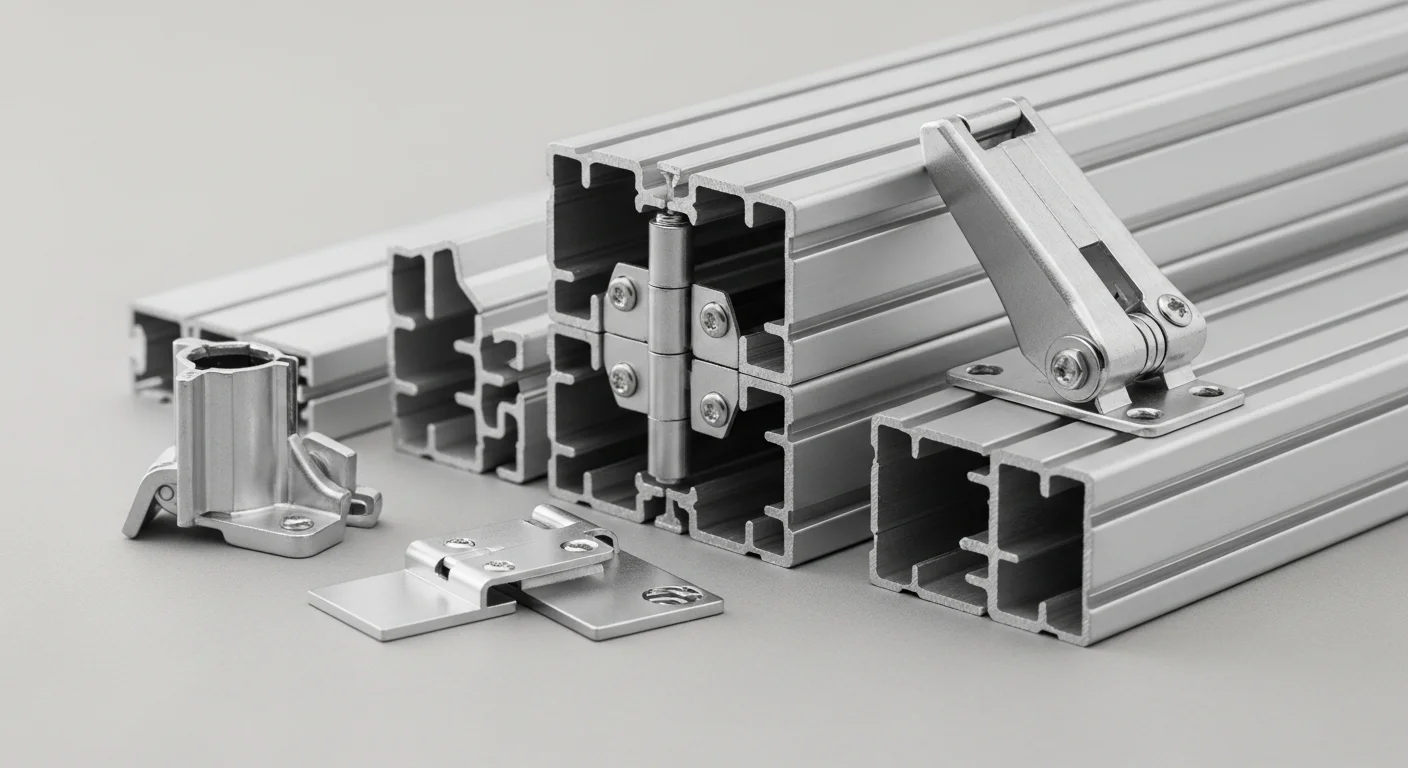 Primer plano del sistema de unión y perfiles de aluminio del mobiliario Octanorm, mostrando su modularidad.