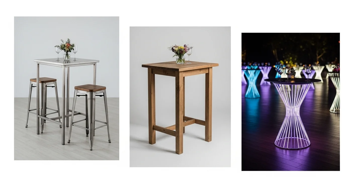 Catálogo de diferentes estilos de mesas altas para renta, incluyendo modelos de madera, metal y con iluminación LED.