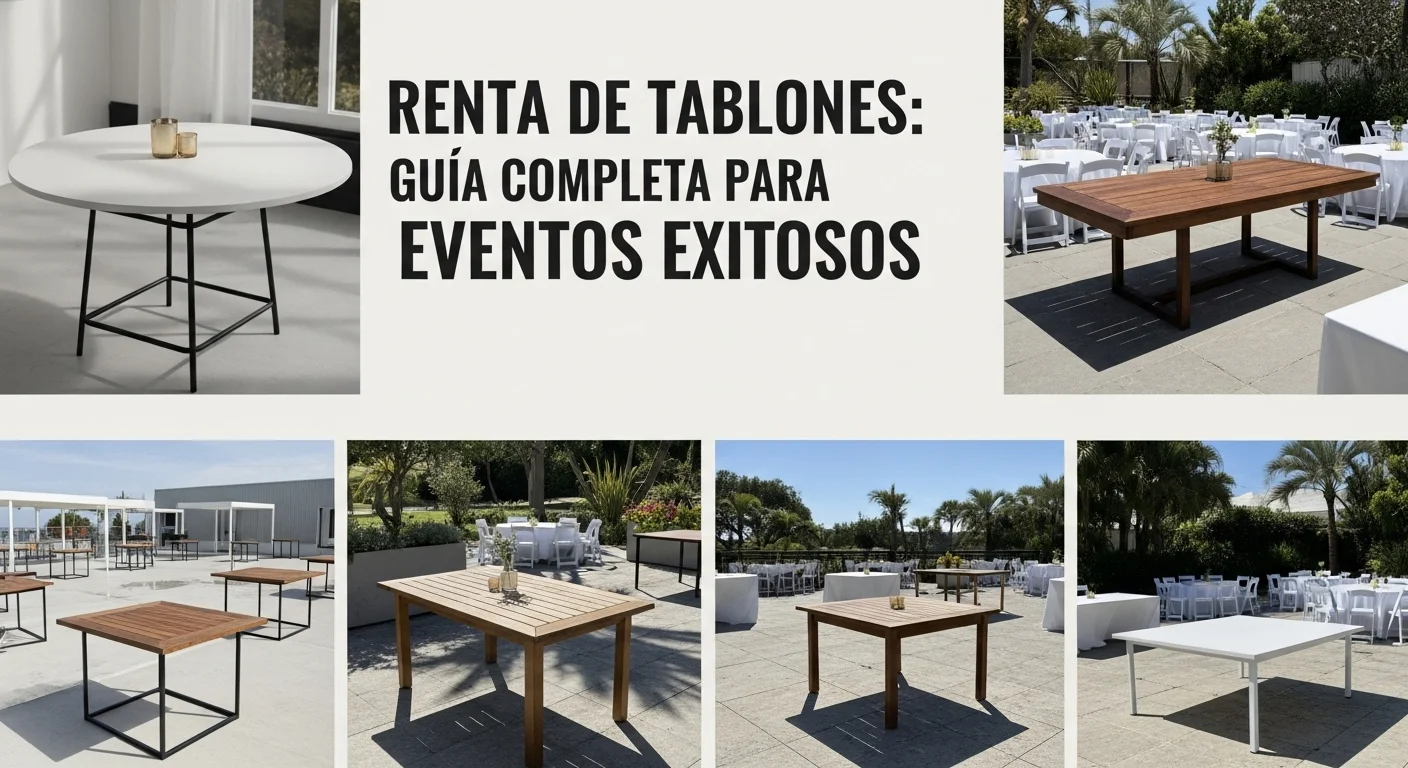 Composición mostrando diferentes tipos de mesas para eventos: redonda, rectangular, de cóctel y cuadrada.