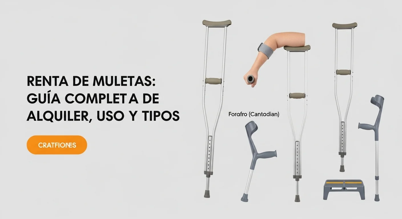 Variedad de muletas disponibles para alquilar, incluyendo muletas axilares, de antebrazo (canadienses) y de plataforma, mostrando las opciones para diferentes necesidades.