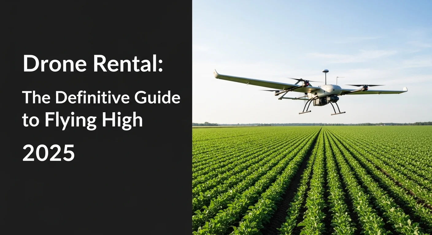 Dron de ala fija sobrevolando un extenso campo de cultivo verde, representando la aplicación de la renta de drones en la agricultura de precisión.