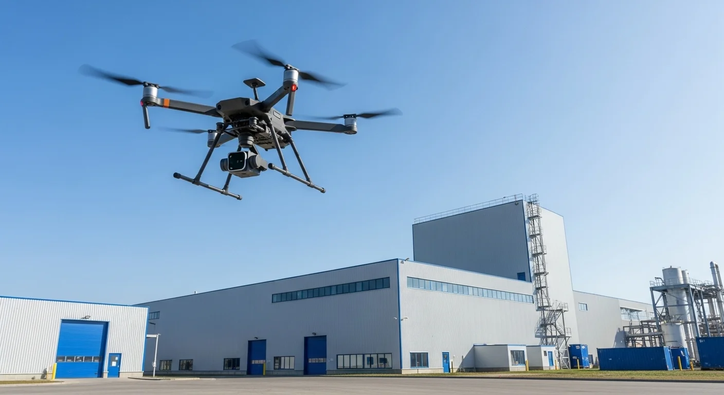 Un dron profesional realizando una inspección detallada de una infraestructura industrial, destacando una aplicación clave de la renta de drones.