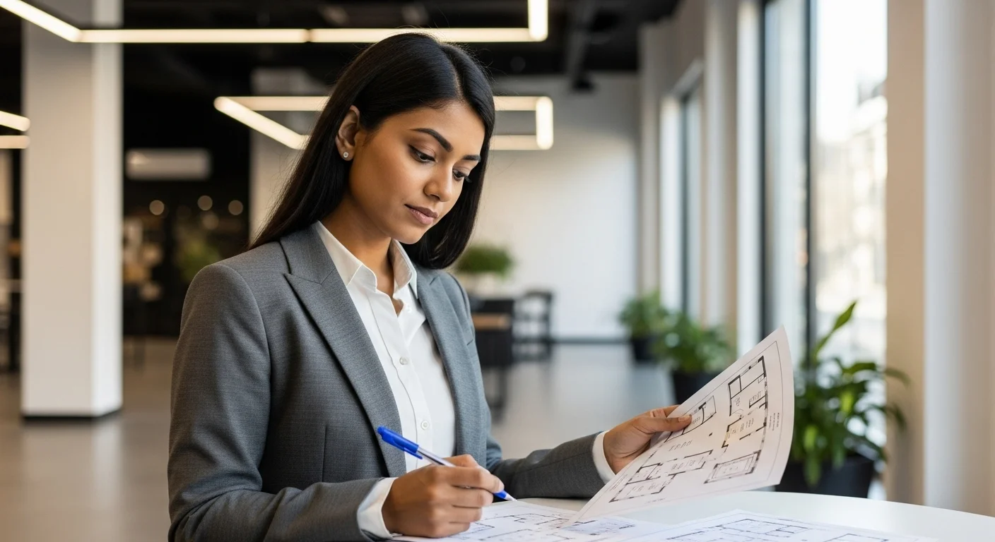 Emprendedor analizando los planos y la distribución de un local comercial en renta antes de firmar el contrato. [8]