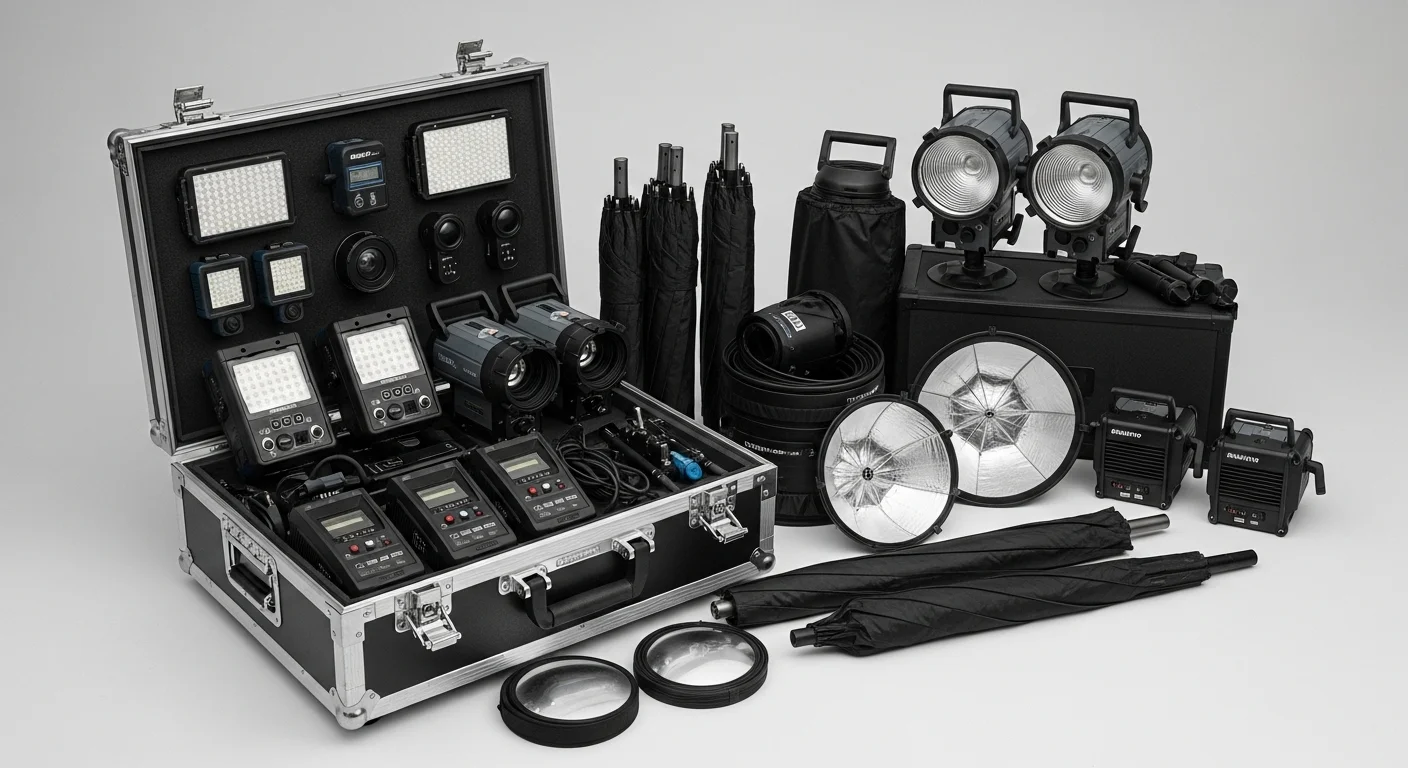 Equipo de iluminación cinematográfica, incluyendo luces LED, HMI y modificadores, organizado en un estuche de renta.