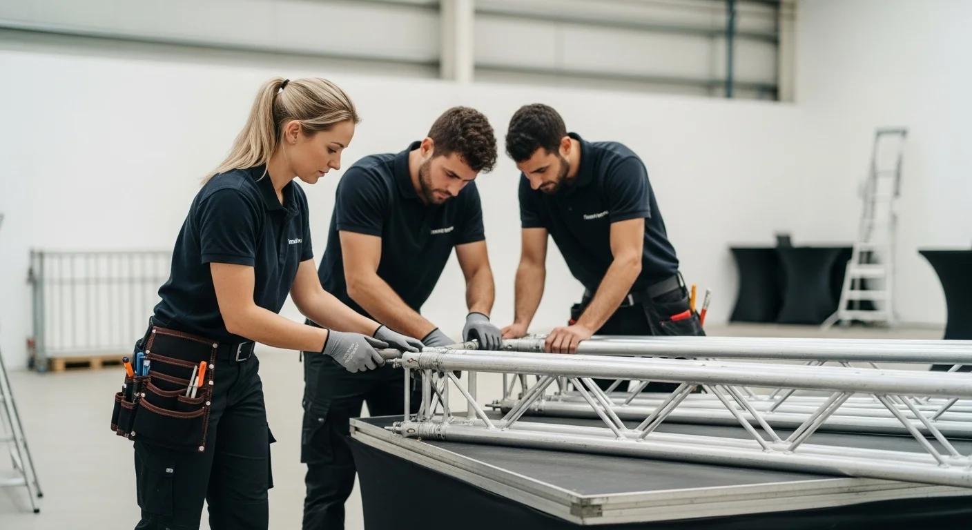 Equipo de técnicos profesionales asegurando la estabilidad de una tarima durante el montaje de un escenario para un evento corporativo.