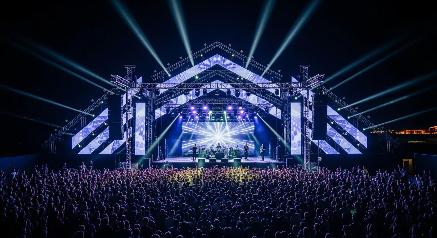 Espectacular escenario rentado para un concierto nocturno, con una compleja estructura de truss, pantallas LED y un vibrante juego de luces sobre la multitud.