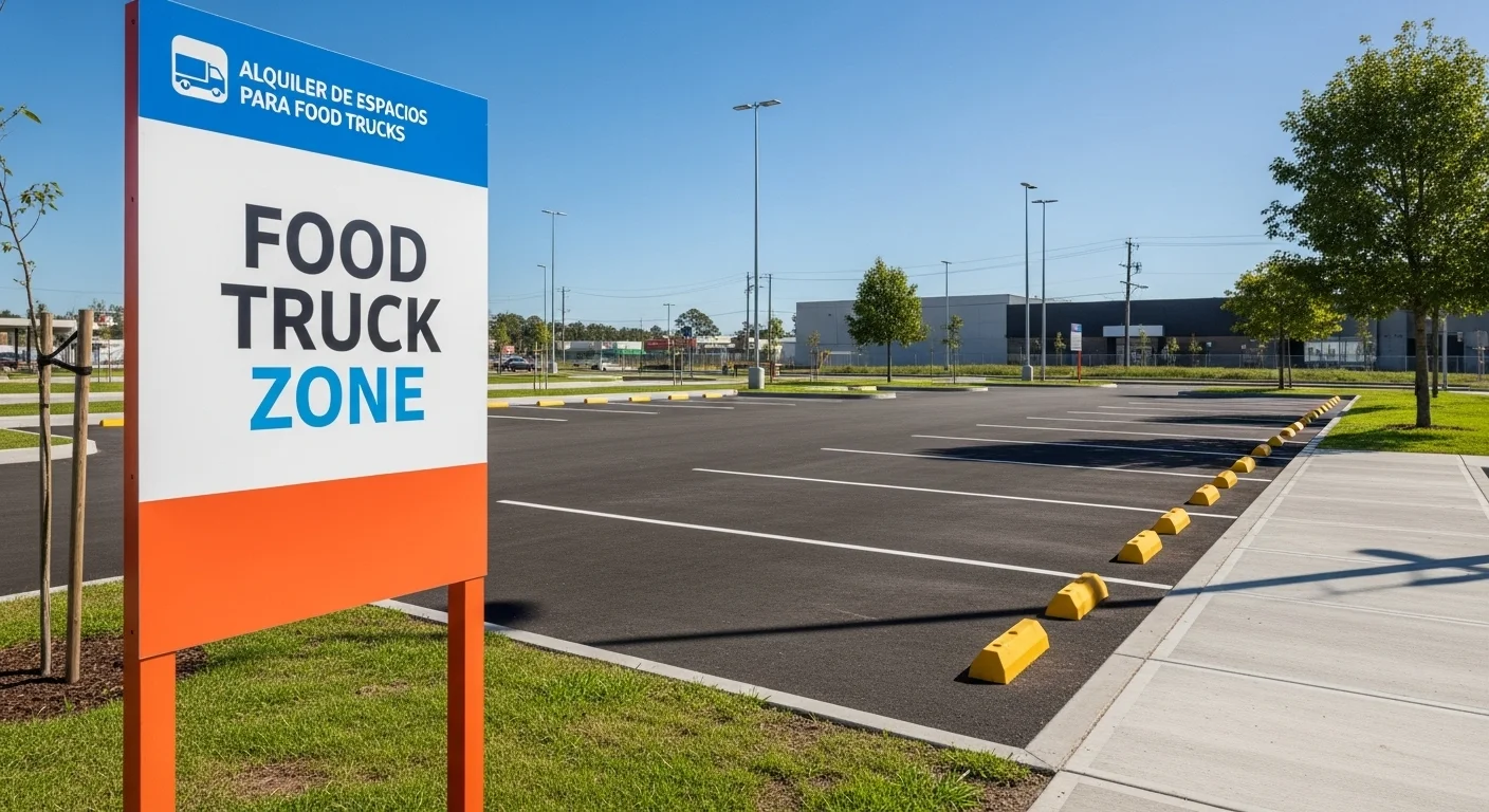 Espacio de aparcamiento vacío con un letrero que indica que es una zona designada para el estacionamiento y venta de food trucks.
