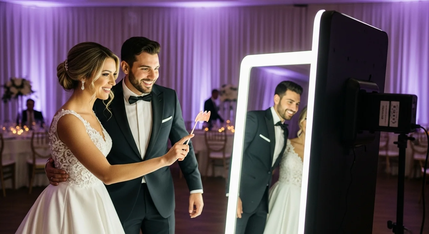 Una pareja de recién casados interactuando con un Espejo Mágico en la recepción de su boda elegante.