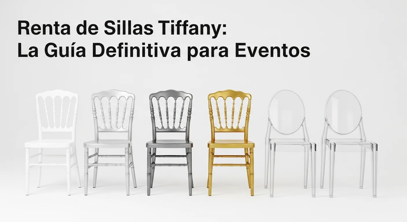 Una fila de sillas Tiffany en diferentes colores populares: blanco, plateado, dorado y transparente, mostrando la versatilidad para eventos.