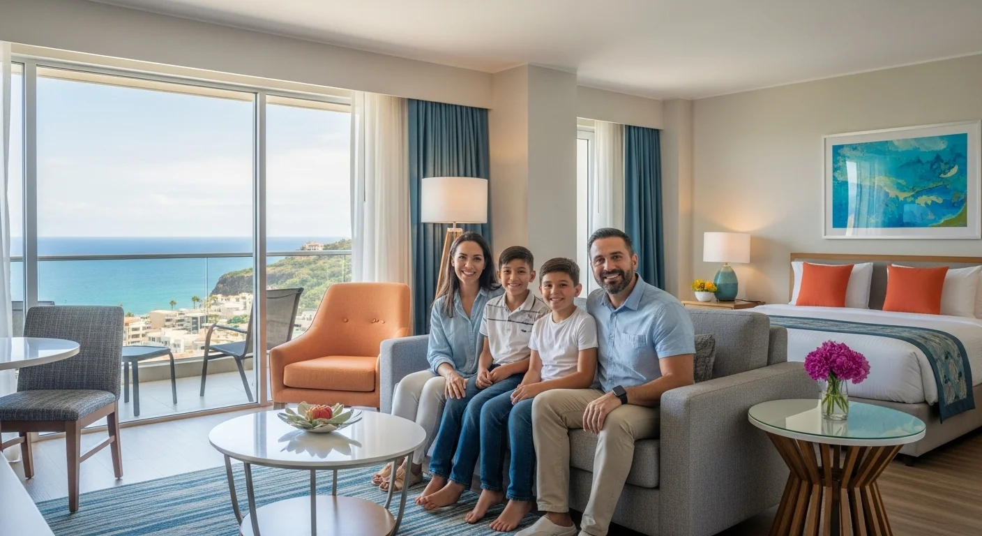 Familia sonriendo en la espaciosa sala de una suite de tiempo compartido.