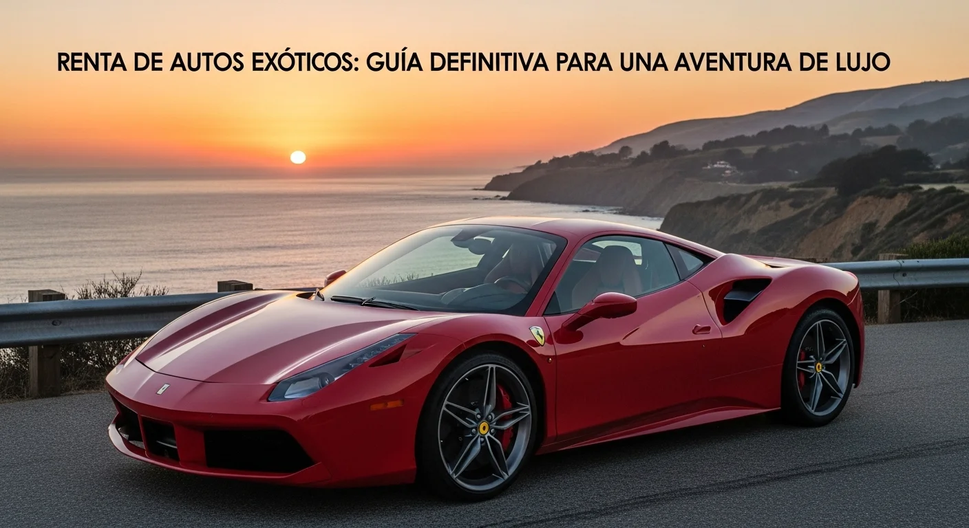 Un brillante Ferrari rojo deportivo estacionado en una carretera con vistas a un paisaje costero al atardecer, simbolizando la renta de autos exóticos de lujo.