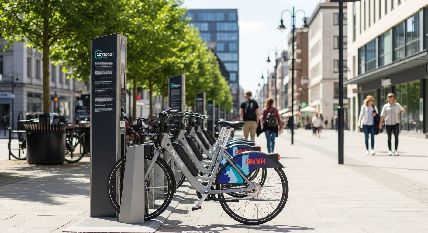 Una fila de bicicletas eléctricas de un servicio de bike-sharing aparcadas ordenadamente en su estación de carga en una calle moderna de la ciudad.