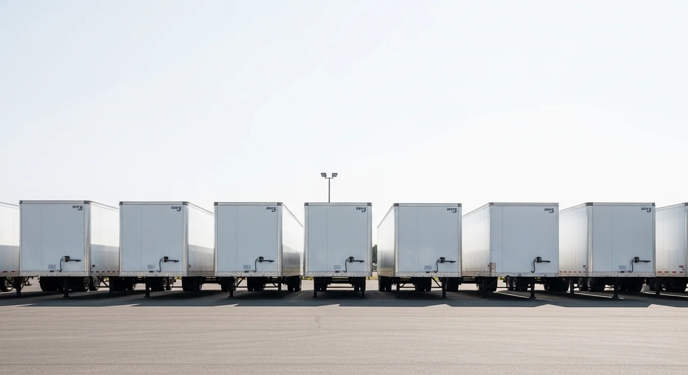 Flota de remolques de caja seca blancos alineados en un patio de una empresa de arrendamiento, listos para ser utilizados.