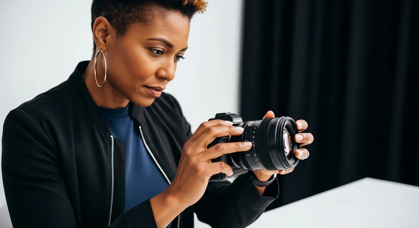 Un fotógrafo revisando cuidadosamente un lente de cámara profesional antes de un proyecto, destacando la importancia de la inspección. [15]