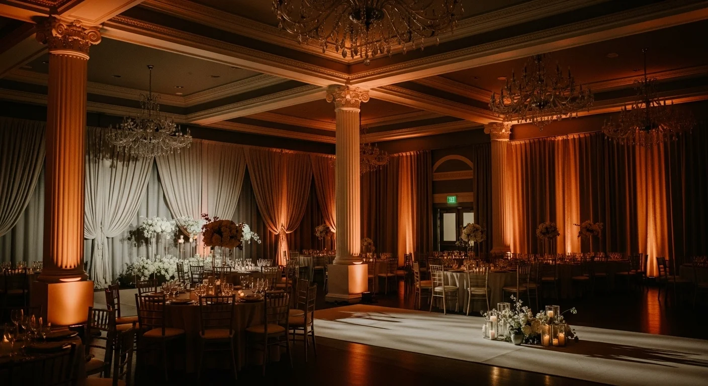 Elegante salón de bodas con iluminación ambiental cálida y uplighting en tonos ámbar que resalta la arquitectura.