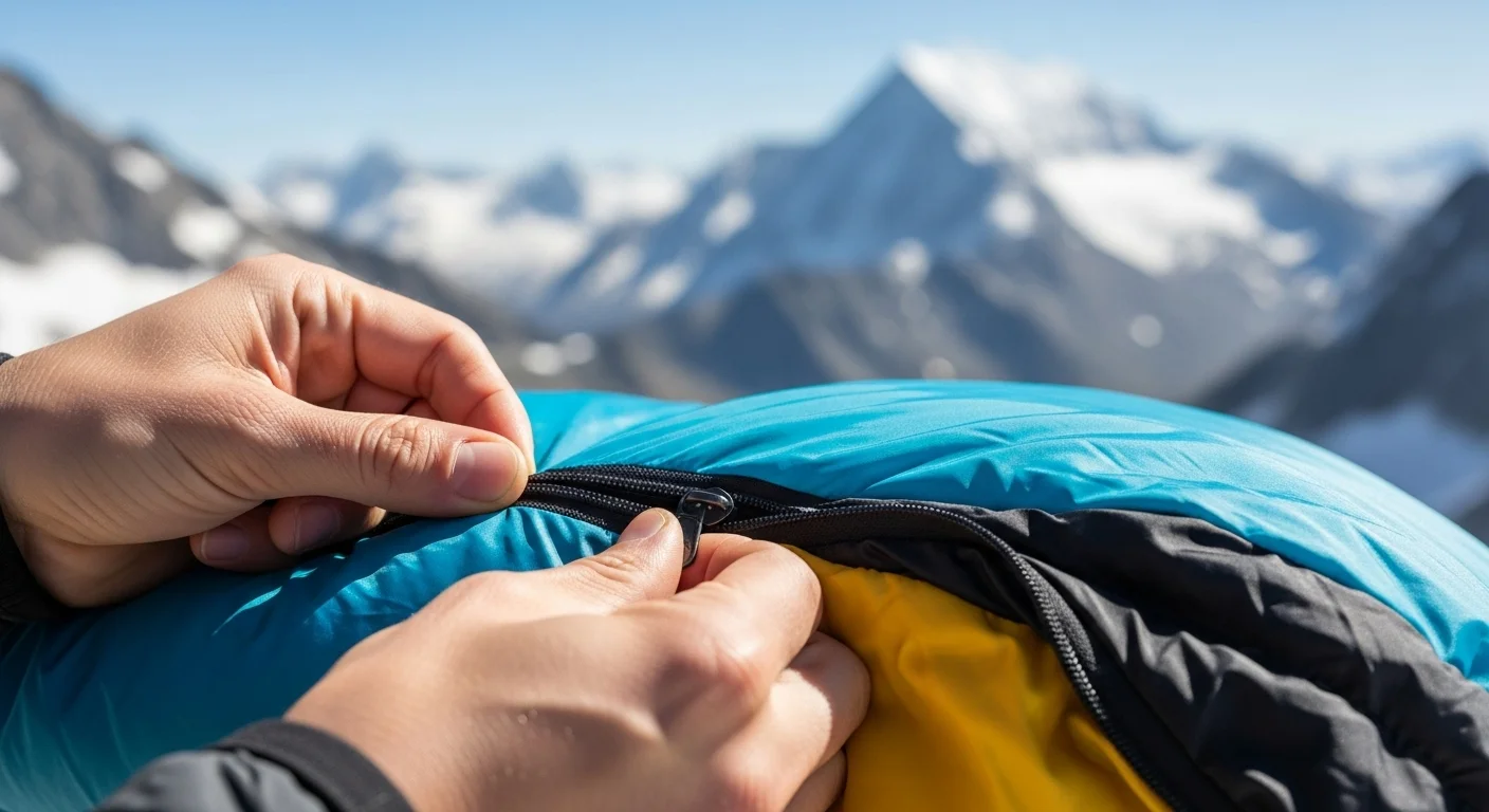 Primer plano de unas manos inspeccionando la cremallera y la tela de un saco de dormir alquilado, con un fondo de montañas nevadas.