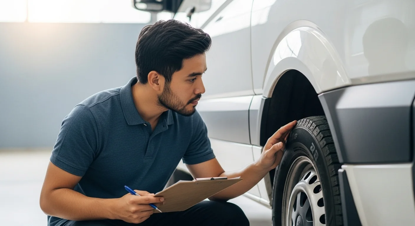 Una persona inspeccionando el lateral de una furgoneta de carga con una tabla de apunte en la mano, revisando un neumático antes de alquilarla.
