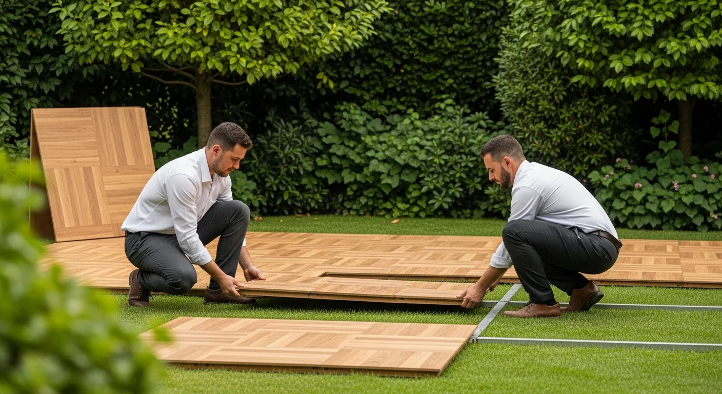 Equipo profesional instalando una pista de baile modular de madera tipo parquet en el jardín de un evento.
