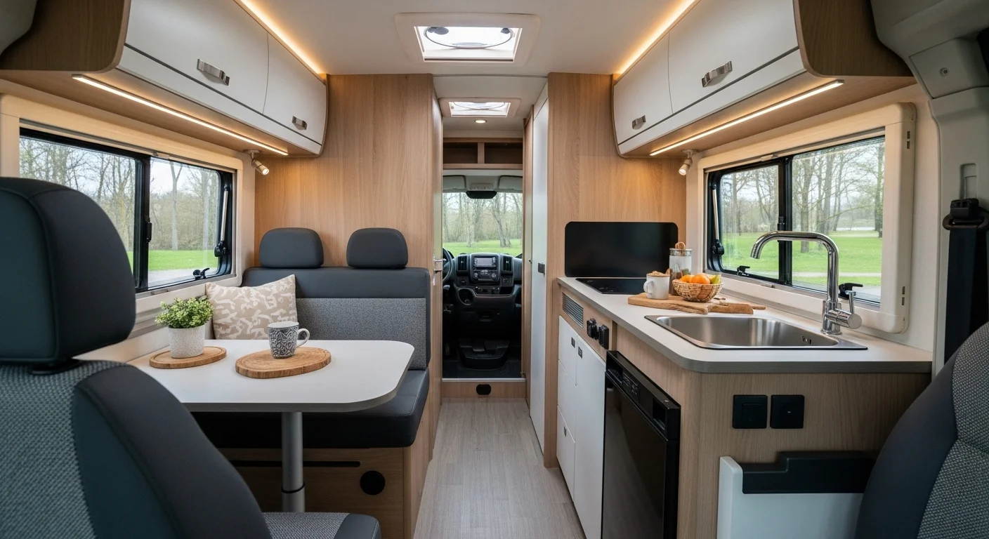 Interior acogedor y bien organizado de una autocaravana perfilada, mostrando la zona de comedor y la cocina, listo para un viaje.