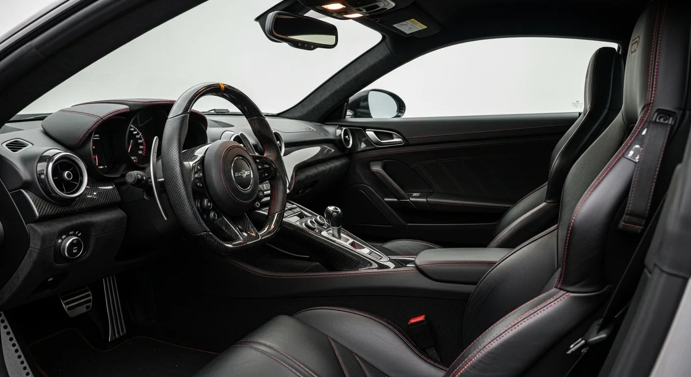 Vista detallada del interior de un auto exótico con asientos de cuero negro, costuras rojas y un volante de fibra de carbono, mostrando el lujo de la experiencia de alquiler.