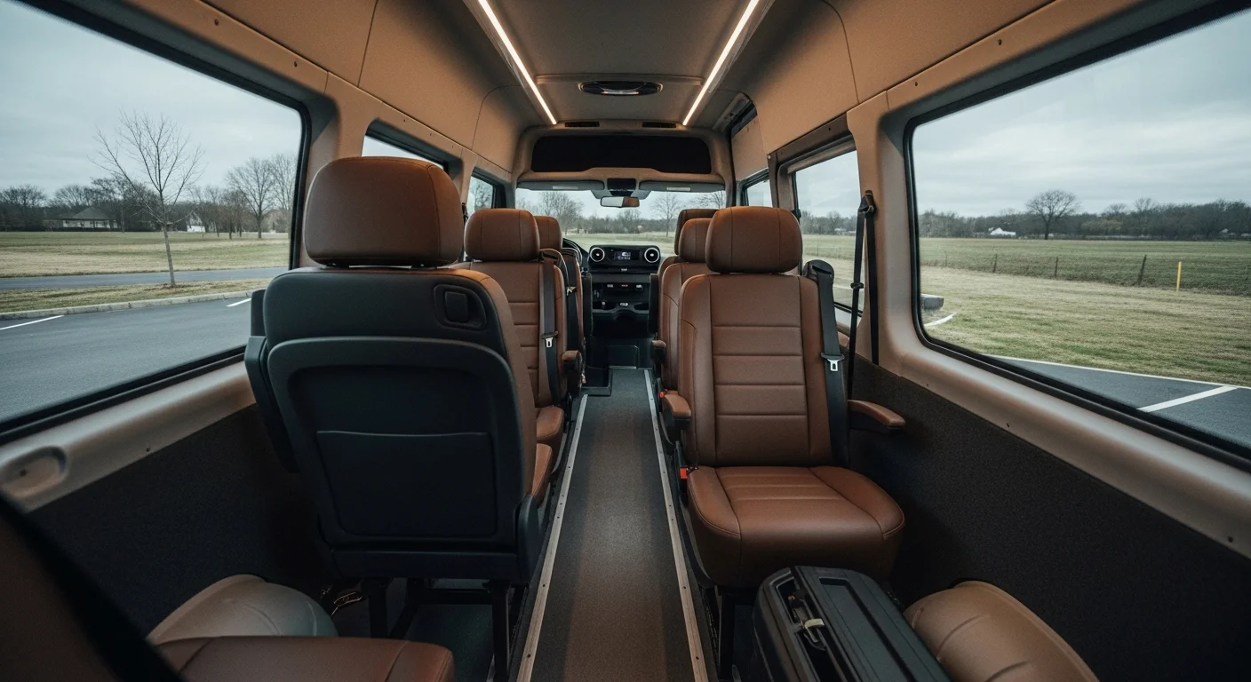 Interior espacioso y limpio de una van Mercedes-Benz Sprinter, mostrando los asientos cómodos y el amplio pasillo central.