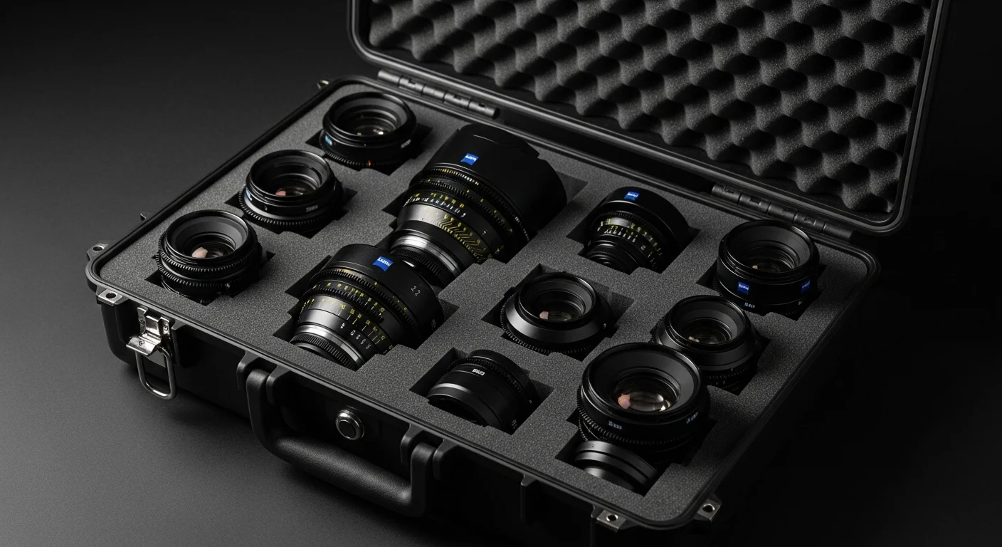 Un estuche abierto mostrando un set completo de lentes de cine Zeiss listos para ser alquilados.