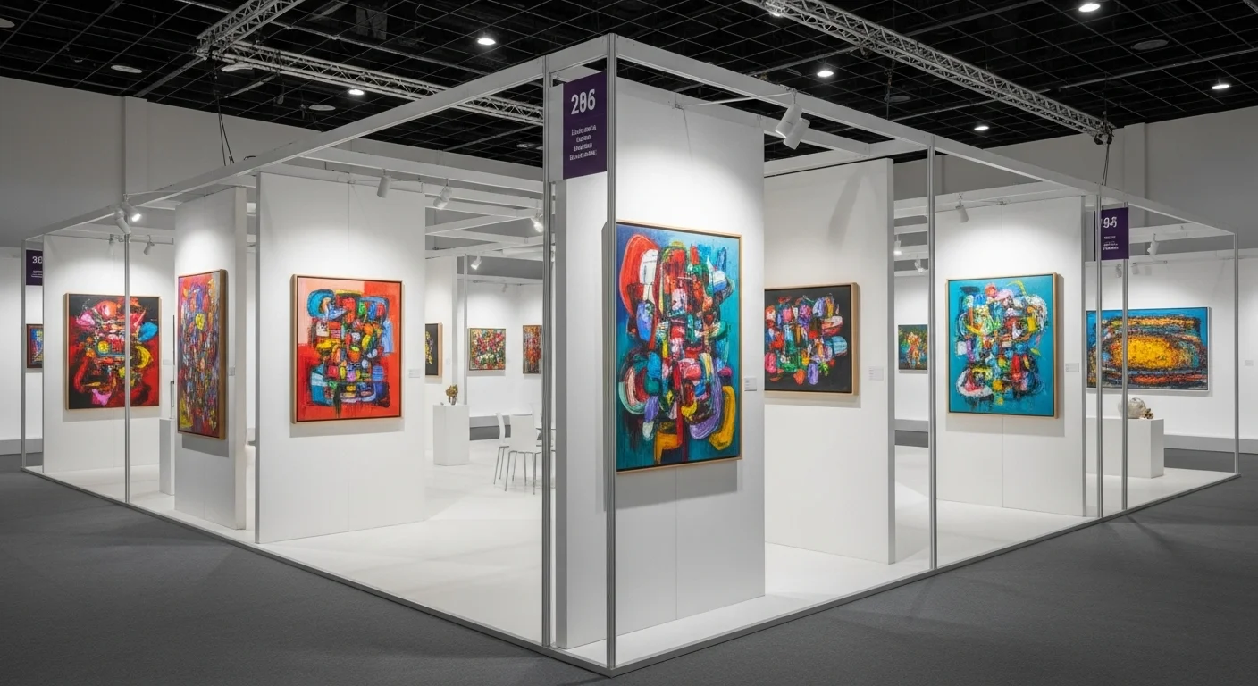 Stand de exposición con mamparas modulares blancas exhibiendo cuadros de arte abstracto en una galería con excelente iluminación.