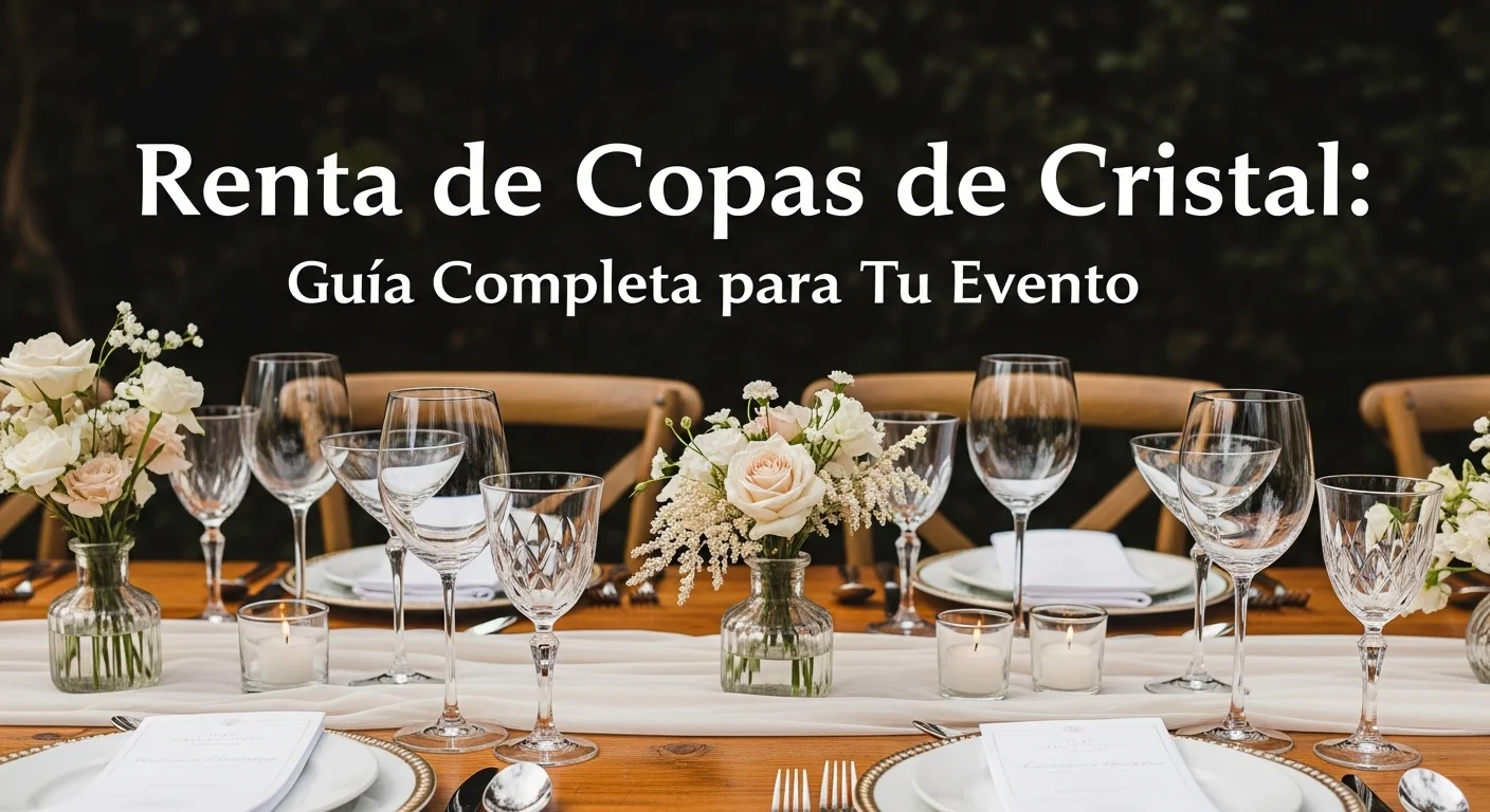 Mesa elegantemente montada para un evento con una variedad de copas de cristal rentadas brillando bajo la luz.